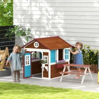 Outsunny Casita de Madera Infantil con Puerta Ventanas Jardineras y Repisas con Detalles de Color 114x126,4x135 cm Marrón Oscuro(m-9)