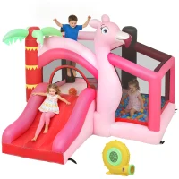 AIYAPLAY Castel Gonflabil pentru Copii cu Tobogan, Trambulină, Piscină cu Bile și Coș de Baschet, 255x230x196 cm, Roz(m-11)