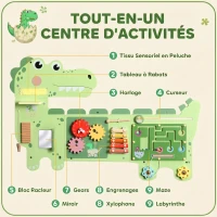 AIYAPLAY Busy Board Jouet, Tableau d'Activités Murale Dinosaure, Planche Motricité Bébé Educatif pour Garcon Fille 2+ Ans, Vert(m-4)