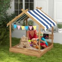 Outsunny Bac à sable bois forme de maison pour enfant avec auvent 2 bacs évier tableau 124 x 116 x 146 cm noir(m-2)