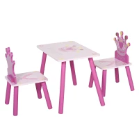 HOMCOM Ensemble table et 2 chaises enfant 3 pièces, pieds en bois massif, table avec chaise motif couronne, pour filles et garçons de 2 à 4 ans, rose(m-11)