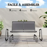 Outsunny Banc à Bascule de Jardin 2 Places Design Contemporain Grand Confort accoudoirs Assise, Dossier Ergonomique Acier textilène Gris(m-5)