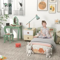 ZONEKIZ Toddler Bed Frame, Kids Dressing Table with Mirror and Stool, Cute Animal Design Kids Bedroom Furniture Set for Ages 3-6 Years, Green(m-2)