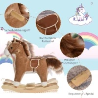 HOMCOM kinderschommel paardpluche bruin 65 x 32,5 x 61 cm met dierengeluiden speelgoed handgrepen(m-6)