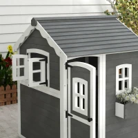 Outsunny Speelhuis voor kinderen, huis voor binnen en buiten met deur, ramen en plantenbak, dennenhout, grijs(m-8)