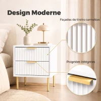 HOMCOM Table de chevet, table de nuit cannelée avec 2 tiroirs et pieds en acier, pour chambre à coucher, salon, blanc(m-4)