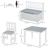 HOMCOM Set Tavolo per Bambini con 2 Sedie e Cassapanca in Legno per Cameretta, Bianco e Grigio(m-3)