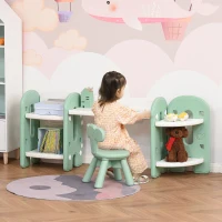 HOMCOM Juego de Mesa y Silla para Niños Pupitre Infantil 2 en 1 con 4 Estantes de Almacenaje para Libros Juguetes 150x35x62,5 cm Verde y Blanco(m-2)