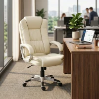 HOMCOM Sedia da Ufficio Girevole in Pelle PU con Dondolo, Schienale Alto e Altezza Regolabile, Beige(m-2)