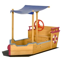 Outsunny Sand Pit, Kids Wooden Sandbox Pirate Ship, Sandboat Play Station with Canopy Shade, Storage Bench and Bottom Liner for Outdoor Garden(m-11)