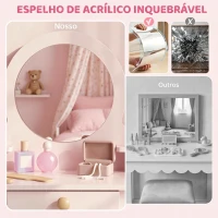 AIYAPLAY Toucador Infantil com Banqueta, Espelho, Gaveta e 2 Prateleiras Abertas para Crianças 3 a 6 Anos Rosa(m-4)