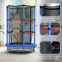 HOMCOM Tappeto Elastico per Bambini 3-6 Anni con Rete di Protezione, 6 Colonne e 3 Ingressi, Ø140x190 cm, Blu e Nero(m-5)