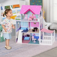 HOMCOM Casa delle Bambole in Legno, Casetta delle Bambole per Bambini a 3 Piani con 13 Accessori, Giocattolo per Bambini 3+ Anni(m-2)