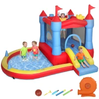 AIYAPLAY Aufblasbar Hüpfburg mit Gebläse Rutsche Trampolin Planschbecken/Bällebad Wasserpistole 342x255x209 cm Blau(m-12)
