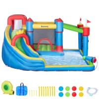 Outsunny Castillo Inflable Infantil con Tobogán Cama de Salto Piscina Muro de Escalada Inflador 390x300x197 cm Multicolor(m-12)