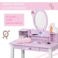 HOMCOM Toeletta per Bambine 3+ Anni in Legno, Set Tavolo da Trucco Giocattolo con Specchio e Sgabello, Rosa(m-5)