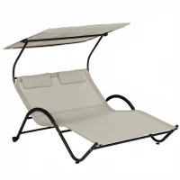 Outsunny Chaise longue bain de soleil transat avec auvent oreiller et roulettes en acier et polyester crème(m-1)