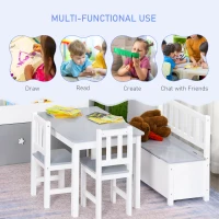HOMCOM 4-Piece Kids Table and Chair Set with 2 Wooden Chairs, 1 Storage Bench, and Interesting Modern Design, Grey/White(m-4)