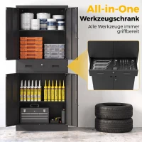 HOMCOM Metalen kast 180 cm, gereedschapskast met afsluitbare deuren, lade en verstelbare planken, zwart(m-5)