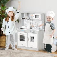 HOMCOM Kids Wooden Toy Kitchen Pretend Play Cooking Playset w/ Sound & Light Effect, Battery Operated Cooktop, Ice Machine, Marble Pattern Countertop, for 3-6 Years Old(m-2)