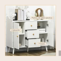 HOMCOM Buffet, meuble de rangement avec 2 portes, 3 tiroirs et pieds en bois massif, style moderne, 90 x 32 x 80 cm, blanc(m-4)