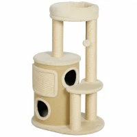 PawHut Krabpaal met 2-laags kattenhol, sisal krabpalen, platform, sisalbord en speelbal, voor katten tot 5 kg(m-1)
