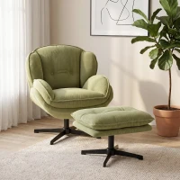 HOMCOM Armchair with Adjustable Footstool, 360° Swivel Chenille Cloud Accent Chair with Thick Cushion, Steel Base, Green(m-9)