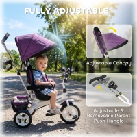 HOMCOM 6 in 1 Kids Trike Push Bike w/ Push Handle, Canopy, 5-point Seat Belt, Storage, Footrest, Brake, for 1-5 Years, Purple(m-5)