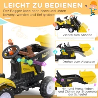 HOMCOM wiellader voor kinderen, beweegbare schop, claxon, pedaalaandrijving, vanaf 3 jaar, metalen frame, geel, 114 x 41 x 52 cm(m-4)