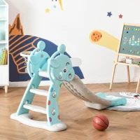 HOMCOM Kinderrutsche mit Basketballkorb faltbare Spielzeugrutsche mit verlängerter Heckkissen Dreiecksstruktur HDPE PP Hellblau+Grau 147 x 82 x 85,5 cm(m-10)
