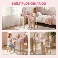 AIYAPLAY Toucador Infantil com Banqueta, Espelho, Gaveta e 2 Prateleiras Abertas para Crianças 3 a 6 Anos Rosa(m-7)
