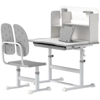 AIYAPLAY Height Adjustable Kids Desk and Chair Set, Children School Study Desk with Tiltable Desktop, Reading Rack, Grey(m-11)