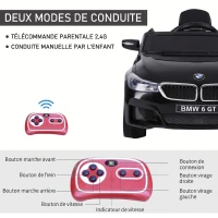 HOMCOM Voiture électrique Enfants 6 V 3 Km/h Max. Effets sonores et Lumineux télécommande Incluse Noir BMW 6 GT(m-7)