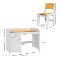 ZONEKIZ Birou Școlar și Scaun pentru Copii de 3-6 Ani cu Sertar și Dulap din Lemn Alb(m-3)