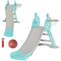 HOMCOM Kinderrutsche mit Basketballkorb faltbare Spielzeugrutsche mit verlängerter Heckkissen Dreiecksstruktur HDPE PP Hellblau+Grau 147 x 82 x 85,5 cm(m-1)