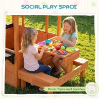 AIYAPLAY Wooden Playhouse Playhouse for Kids with Table, Benches, Sink Table, Windows, Flowerpot Holders, for Ages 3-8, Brown(m-6)
