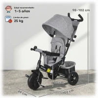 HOMCOM Triciclo para Bebés de +12 Meses con Mango de Empuje Telescópico y Desmontable Bolso para Mamá y Portabotellas Gris(m-3)