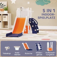 AIYAPLAY 5-in-1 Kinderrutschenset, Teleskop, Basketballkorb, Kunststoff, Orange+Dunkelblau(m-4)
