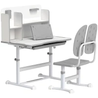 AIYAPLAY Height Adjustable Kids Desk and Chair Set, Children School Study Desk with Tiltable Desktop, Reading Rack, Grey(m-1)
