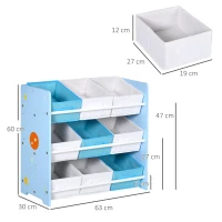 ZONEKIZ Mobiletto Portagiochi con 9 Cestini Rimovibili in MDF e Tessuto, 63x30x60cm, Azzurro(m-3)