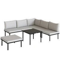 Outsunny Conjunto de Jardín Exterior de 6 Piezas con Sofá 2 Plazas Módulo de Esquina 2 Sillones Reposapiés Mesa de Vidrio Gris(m-1)
