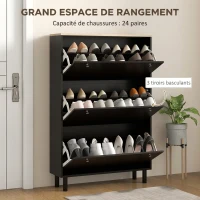 HOMCOM Meuble à Chaussures 24 Paires, Armoire à Chaussures Étroite avec 3 Tiroirs Rabattables, Étagères Réglables, Noir(m-4)
