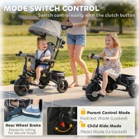 HOMCOM 6 in 1 Kids Trike Push Bike w/ Push Handle, Canopy, 5-point Seat Belt, Storage, Footrest, Brake, for 1-5 Years, Grey(m-6)