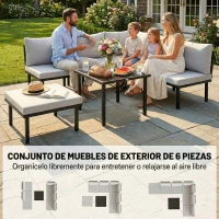 Outsunny Conjunto de Jardín Exterior de 6 Piezas con Sofá 2 Plazas Módulo de Esquina 2 Sillones Reposapiés Mesa de Vidrio Gris(m-4)