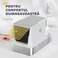 PawHut Litieră Spațioasă din Oțel Inoxidabil pentru Pisici, cu Capac Rabatabil și Lopățică(m-7)