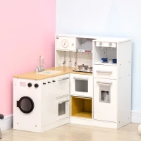 HOMCOM Cozinha Infantil de Madeira Cozinha para Crianças acima de 3 Anos com Luz Sons Máquina de Café Frigorífico Lavatório Branca(m-10)