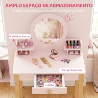 AIYAPLAY Toucador Infantil com Banqueta, Espelho, Gaveta e 2 Prateleiras Abertas para Crianças 3 a 6 Anos Rosa(m-5)