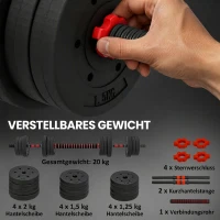 HOMCOM 2-in-1 Halterset 20 kg - Verstelbare Dumbbells en Halter voor Professionele Krachttraining - Zwart(m-6)