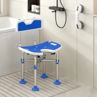 HOMCOM Silla Ducha Personas Mayores Antideslizante con Respaldo Altura Ajustable Soporte para Alcachofa Carga 150 kg Azul(m-2)