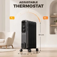 HOMCOM 2000W Oil Filled Radiator, 9 Fin, Portable Electric Heater with 3 Heat Settings, Safety Cut-Off and Wheels, Grey(m-3)